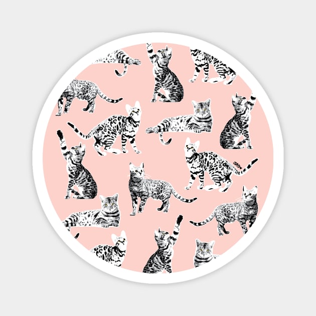 Bengal Kittens Grey Seamless Pattern Magnet by meownarchy